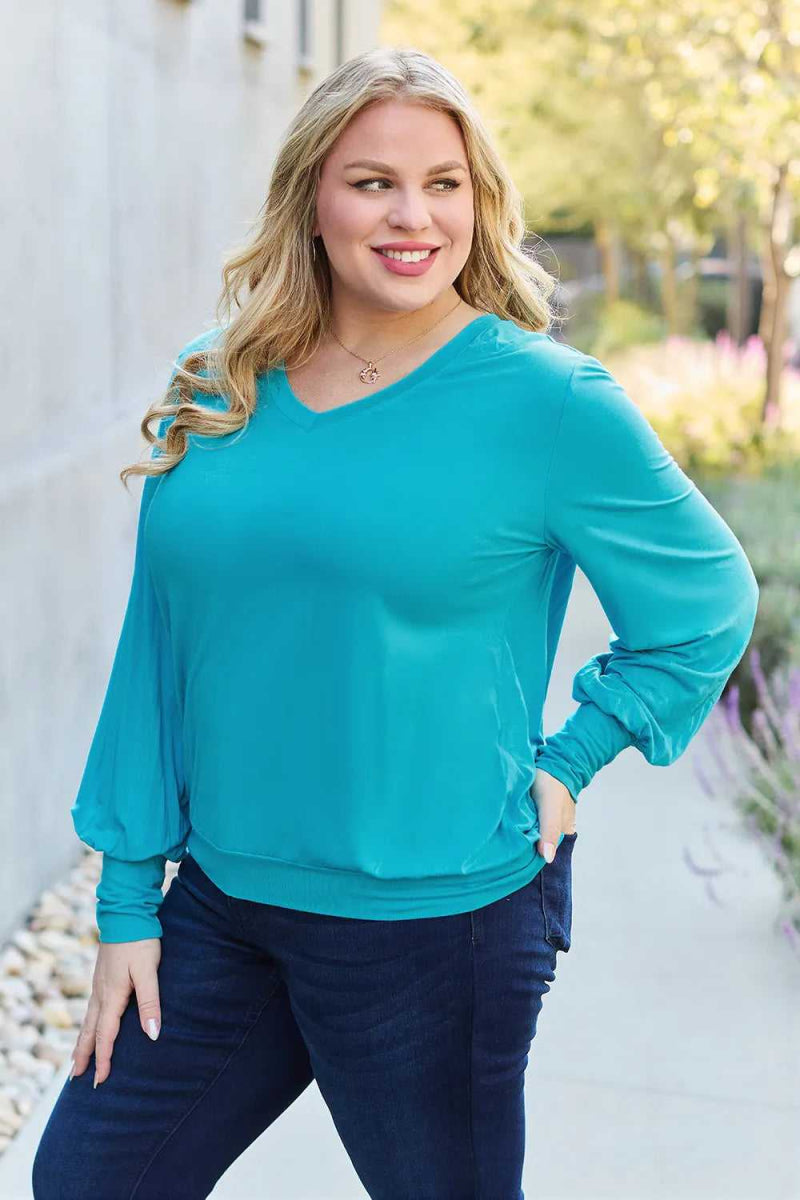 Basic Bae Full Size V - Neck Lantern Sleeve Top - Hopeford Streams