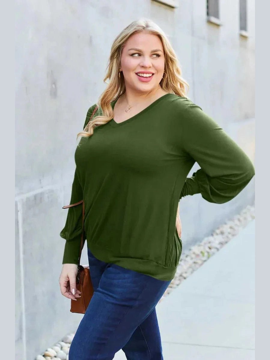 Basic Bae Full Size V-Neck Lantern Sleeve Top -- 