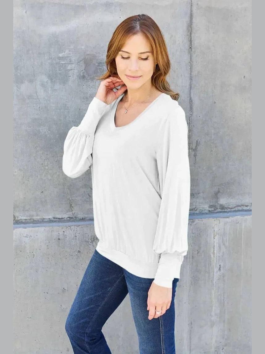 Basic Bae Full Size V-Neck Lantern Sleeve Top -- 