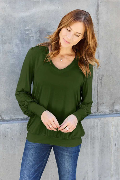 Basic Bae Full Size V - Neck Lantern Sleeve Top - Hopeford Streams