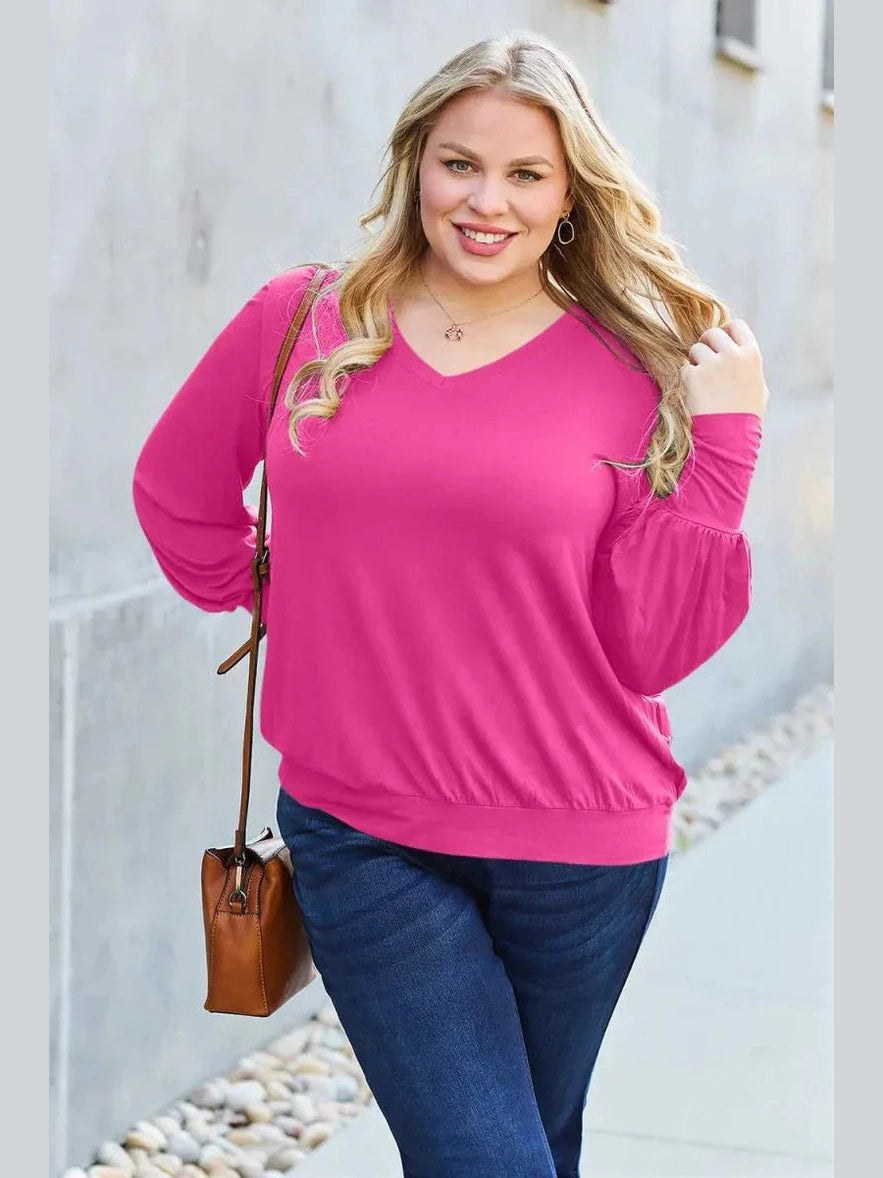 Basic Bae Full Size V-Neck Lantern Sleeve Top -- 