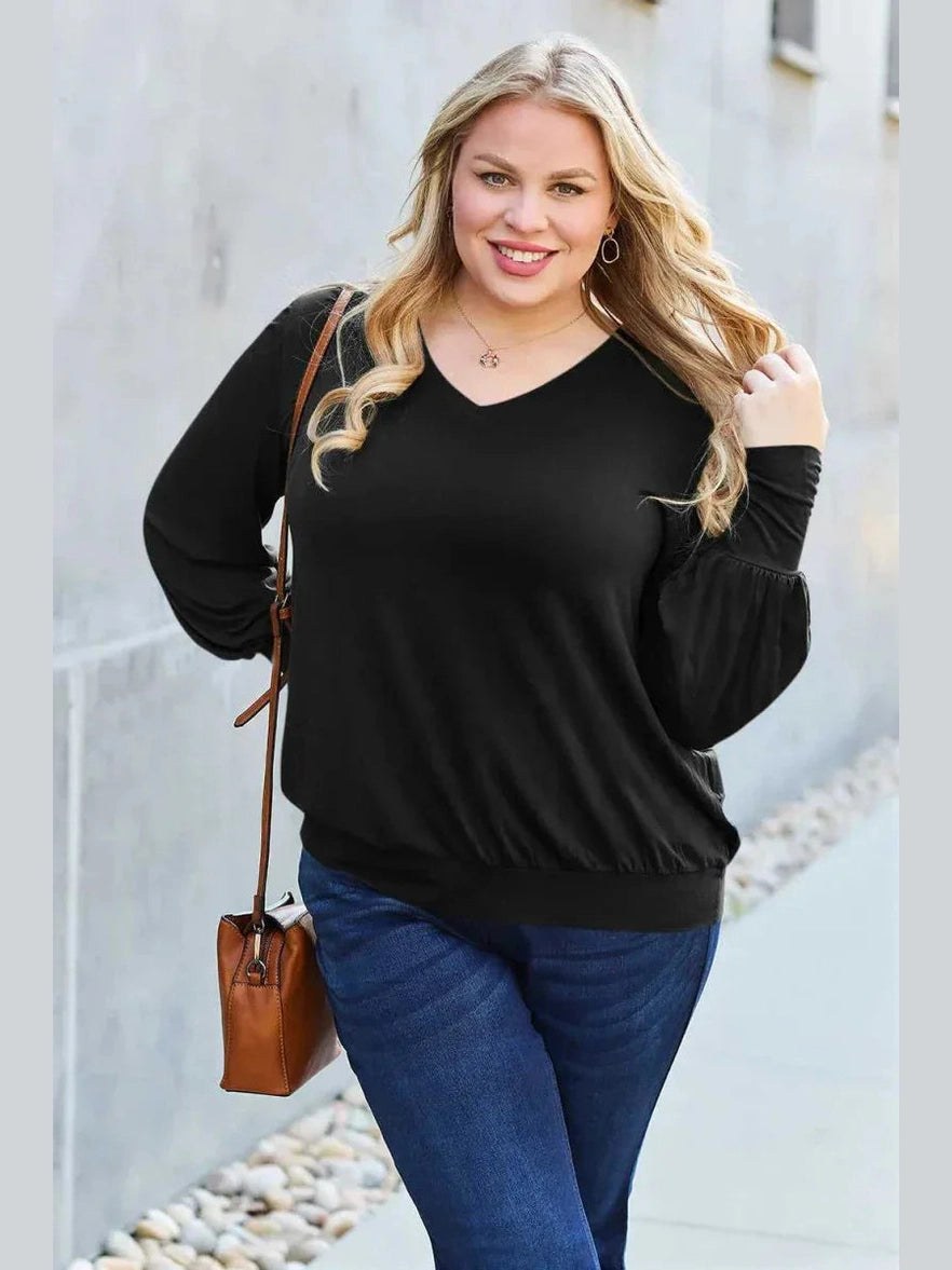 Basic Bae Full Size V-Neck Lantern Sleeve Top -- 