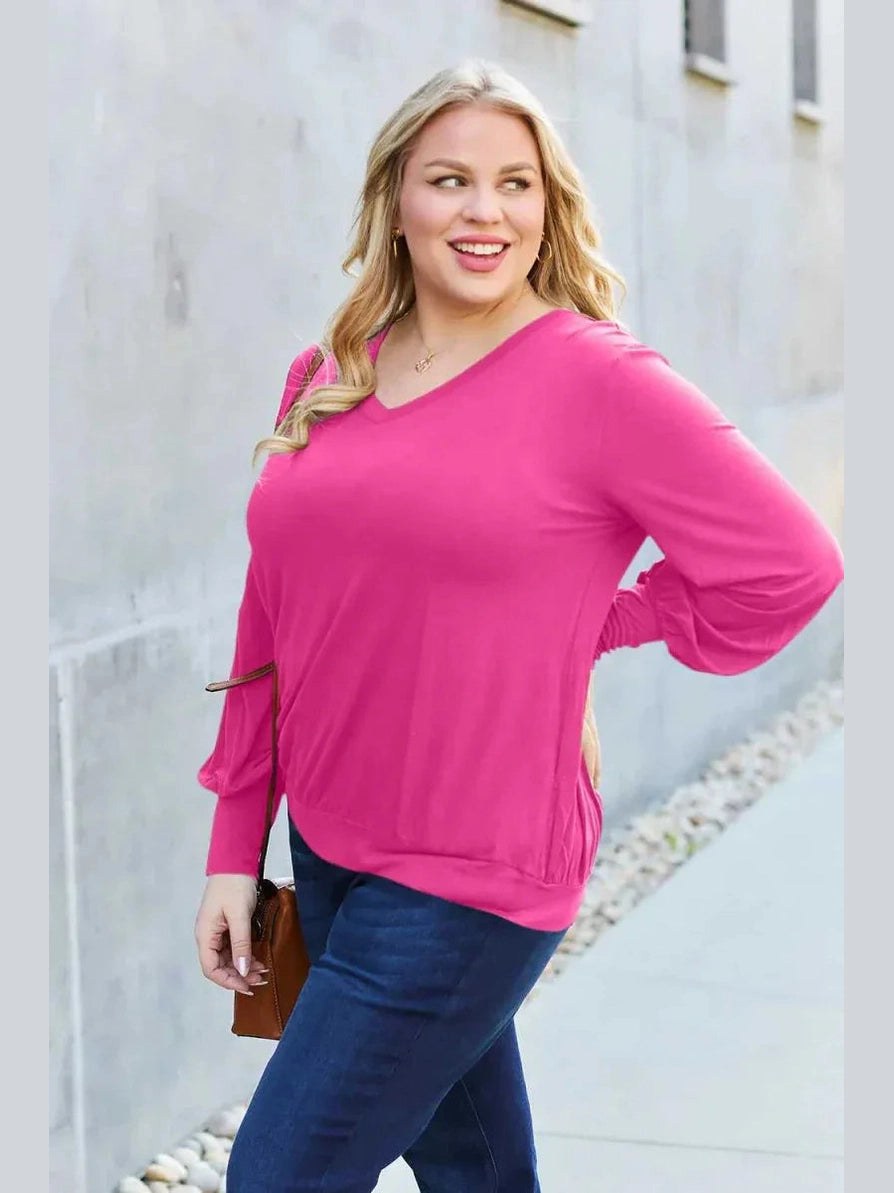 Basic Bae Full Size V-Neck Lantern Sleeve Top -- 