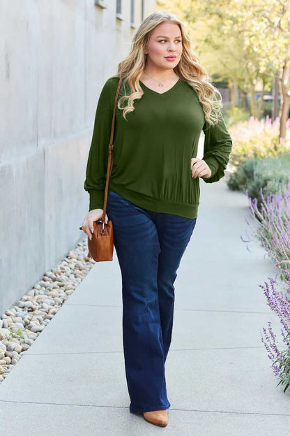Basic Bae Full Size V - Neck Lantern Sleeve Top - Hopeford Streams
