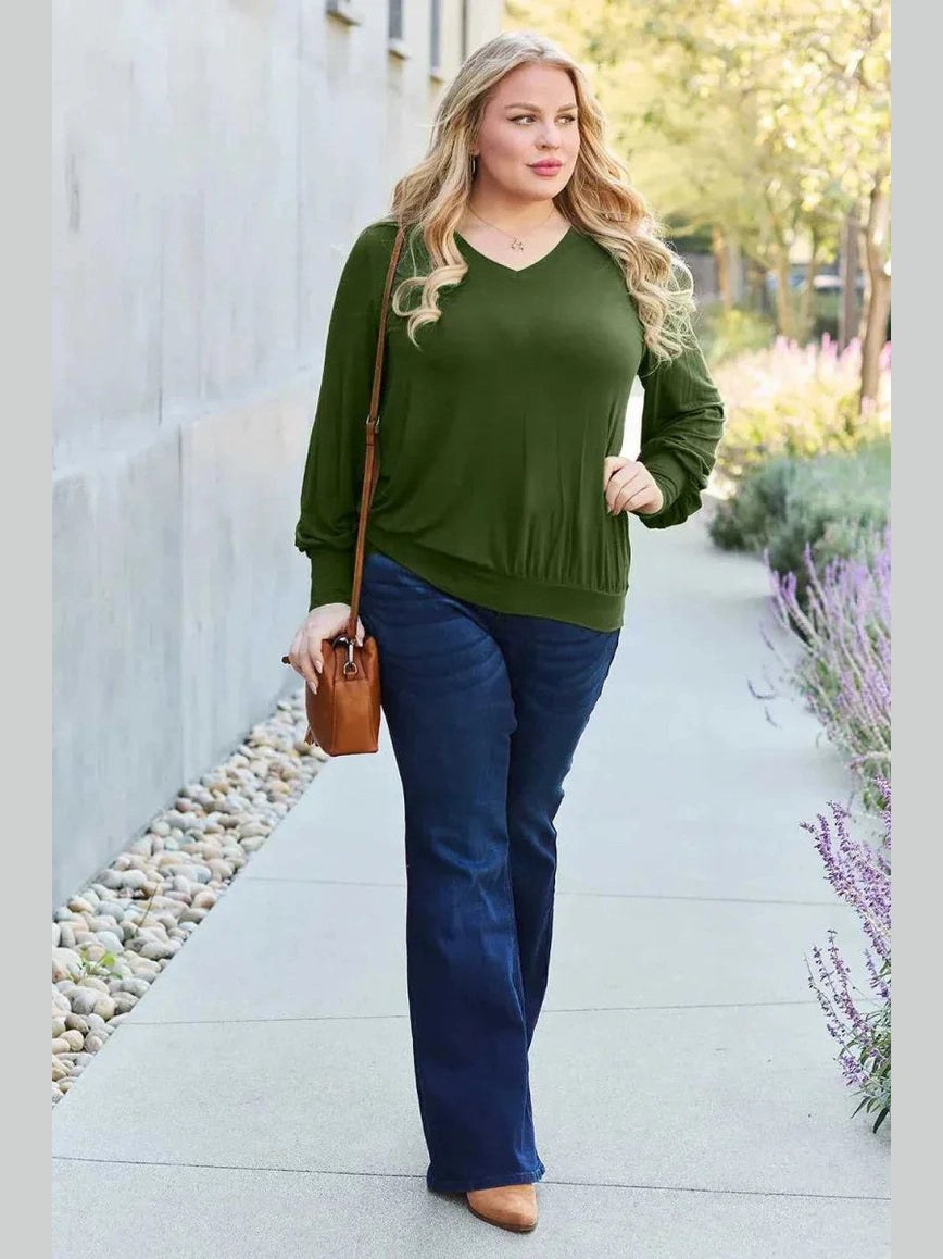 Basic Bae Full Size V-Neck Lantern Sleeve Top -- 