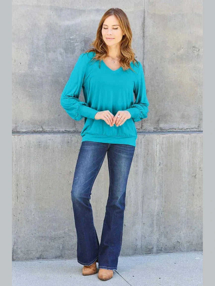 Basic Bae Full Size V-Neck Lantern Sleeve Top -- 