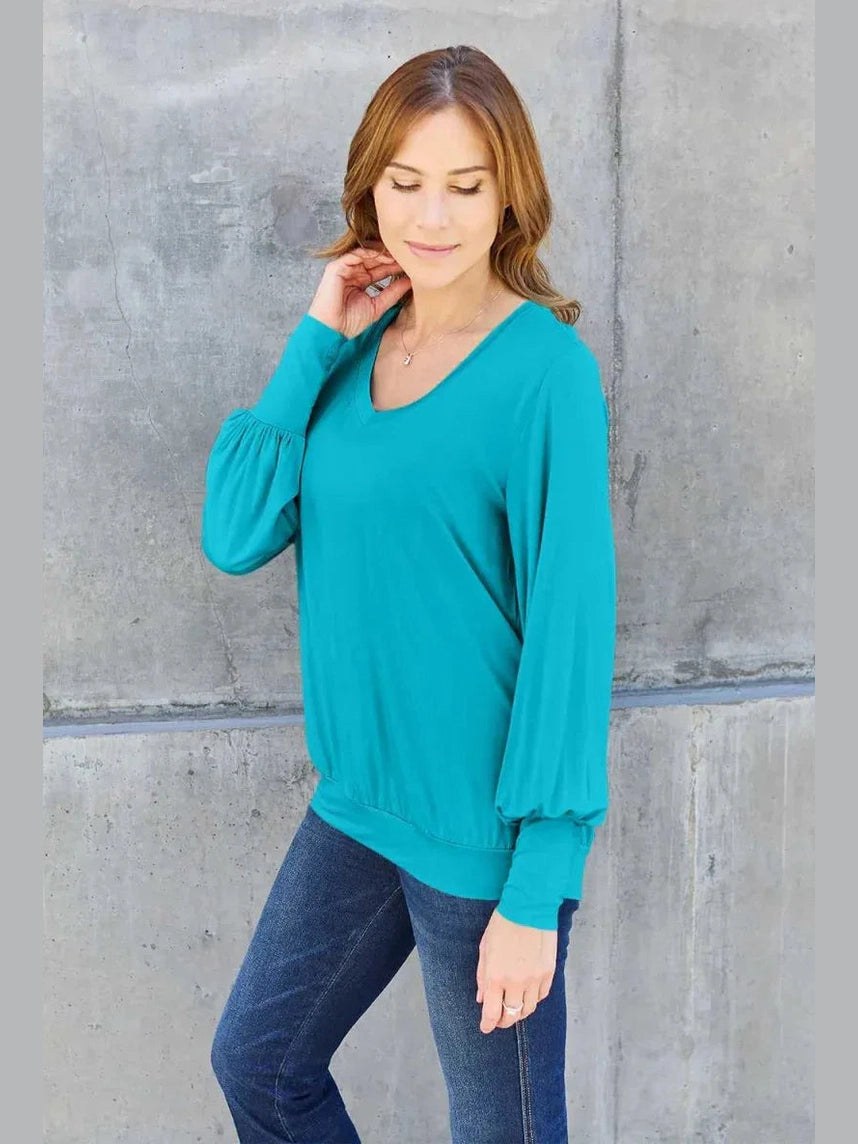 Basic Bae Full Size V-Neck Lantern Sleeve Top -- 