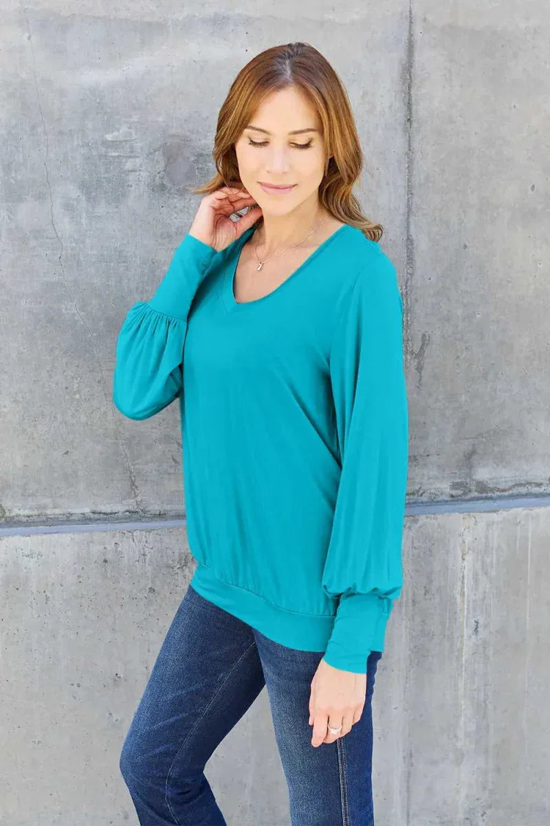 Basic Bae Full Size V-Neck Lantern Sleeve Top -- 