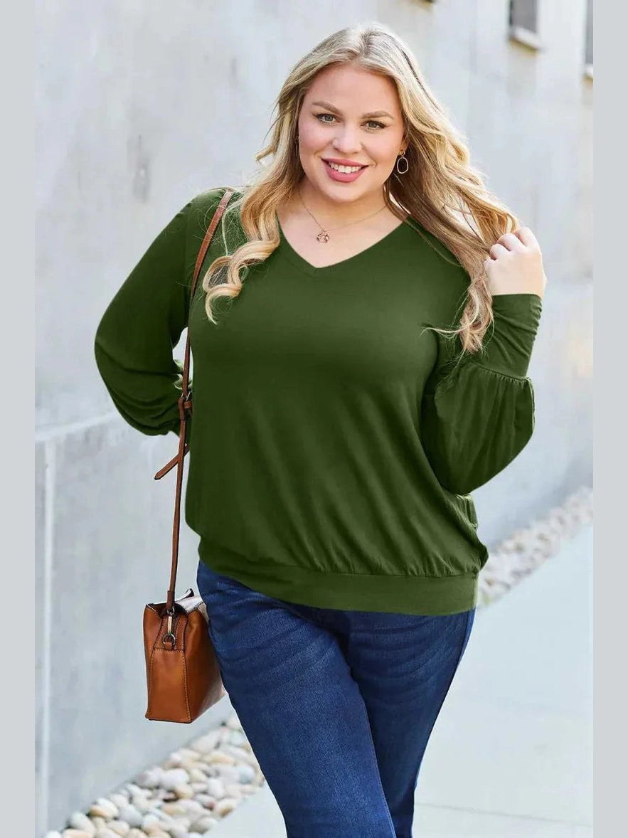 Basic Bae Full Size V-Neck Lantern Sleeve Top -- 