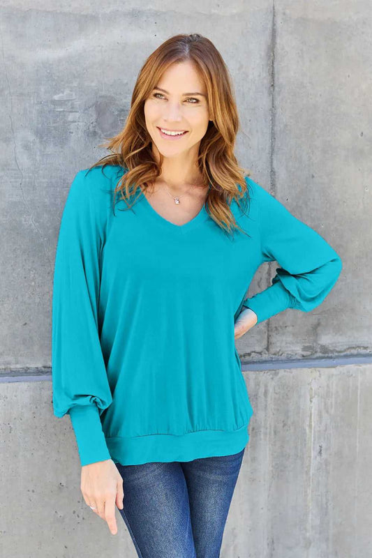 Basic Bae Full Size V - Neck Lantern Sleeve Top - Hopeford Streams