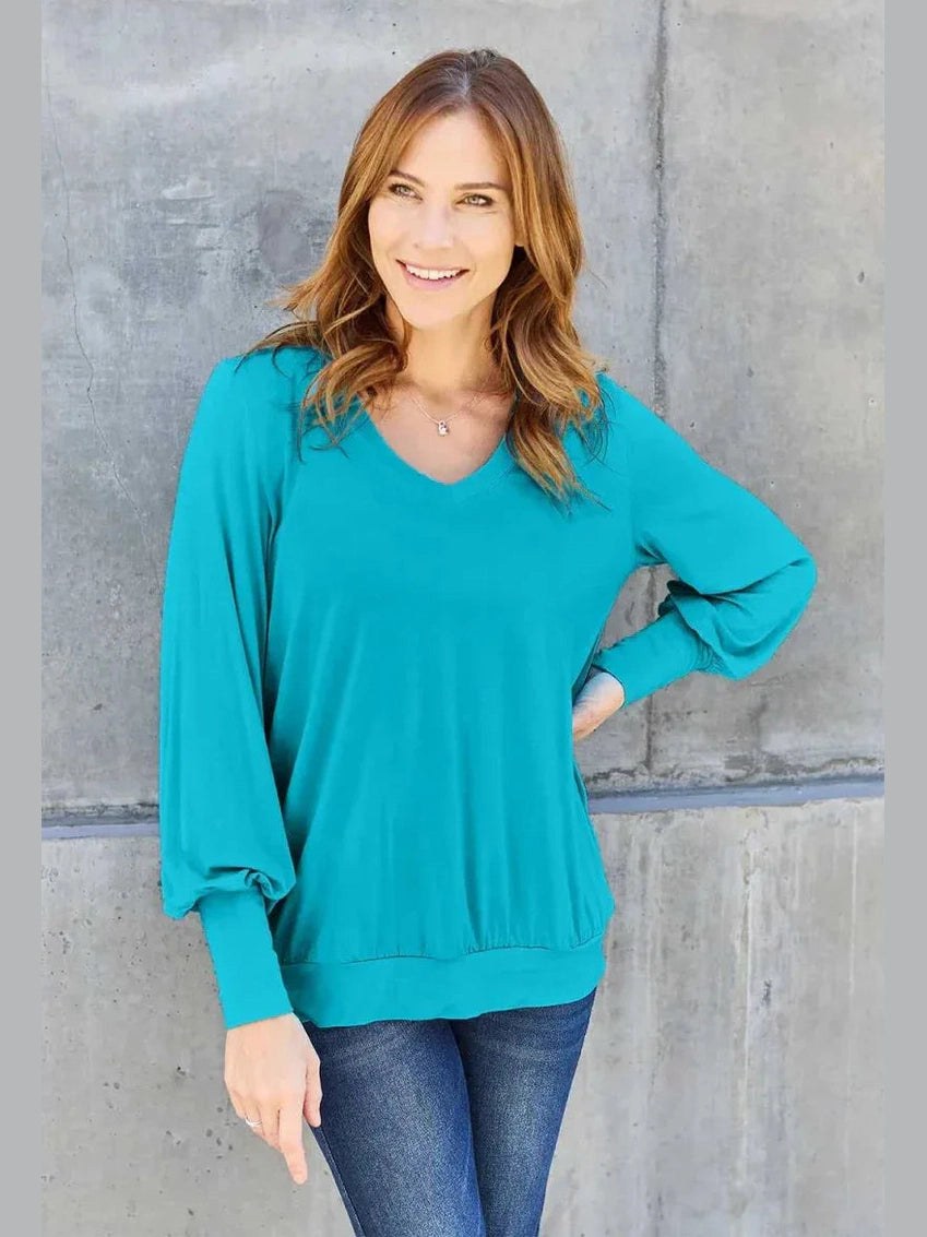 Basic Bae Full Size V-Neck Lantern Sleeve Top -- 