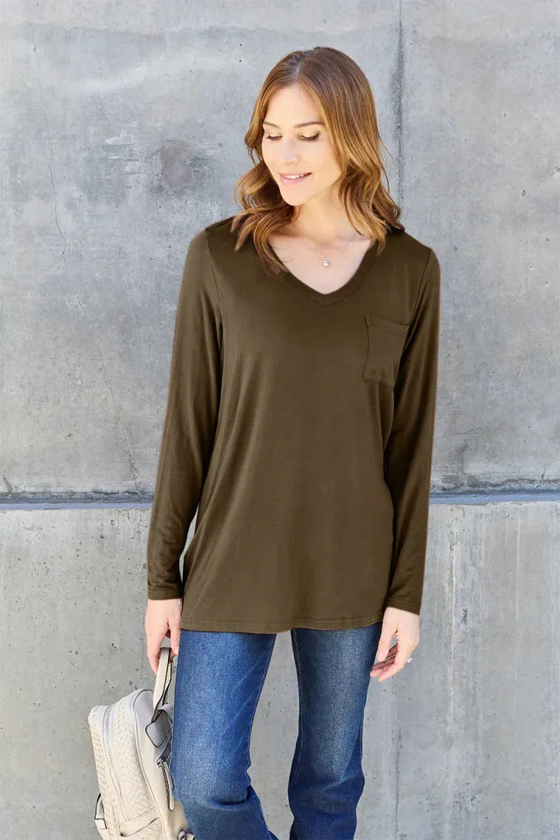 Basic Bae Full Size V-Neck Long Sleeve Top -- 