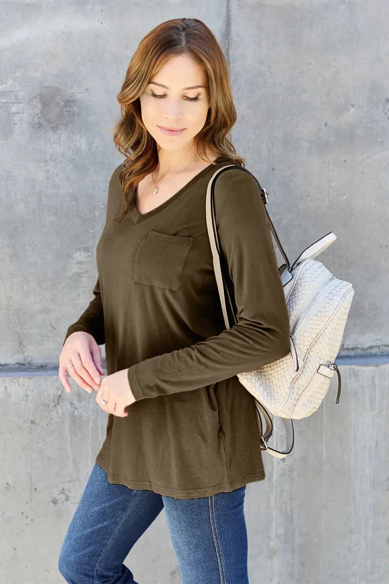 Basic Bae Full Size V-Neck Long Sleeve Top -- 