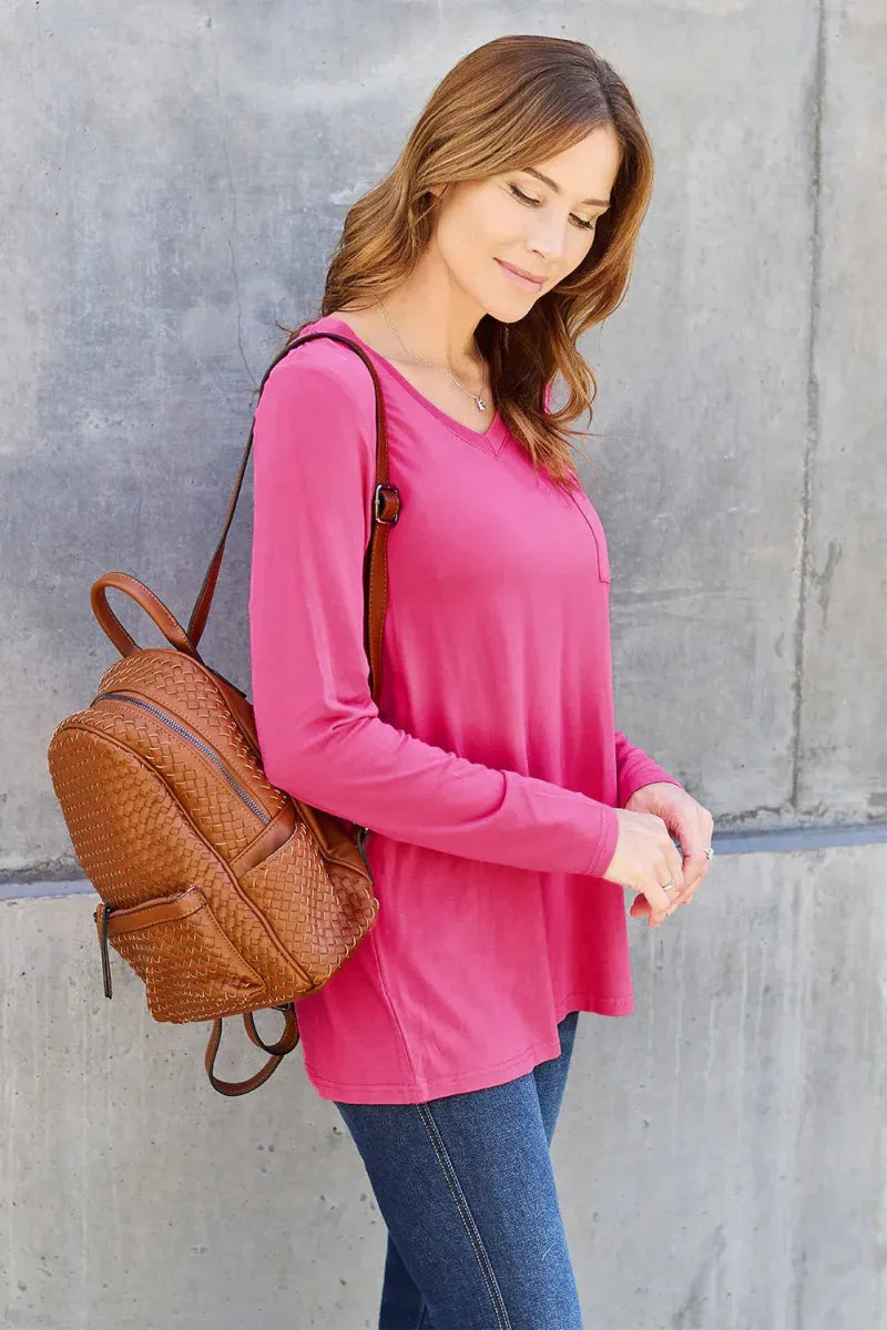 Basic Bae Full Size V-Neck Long Sleeve Top -- 