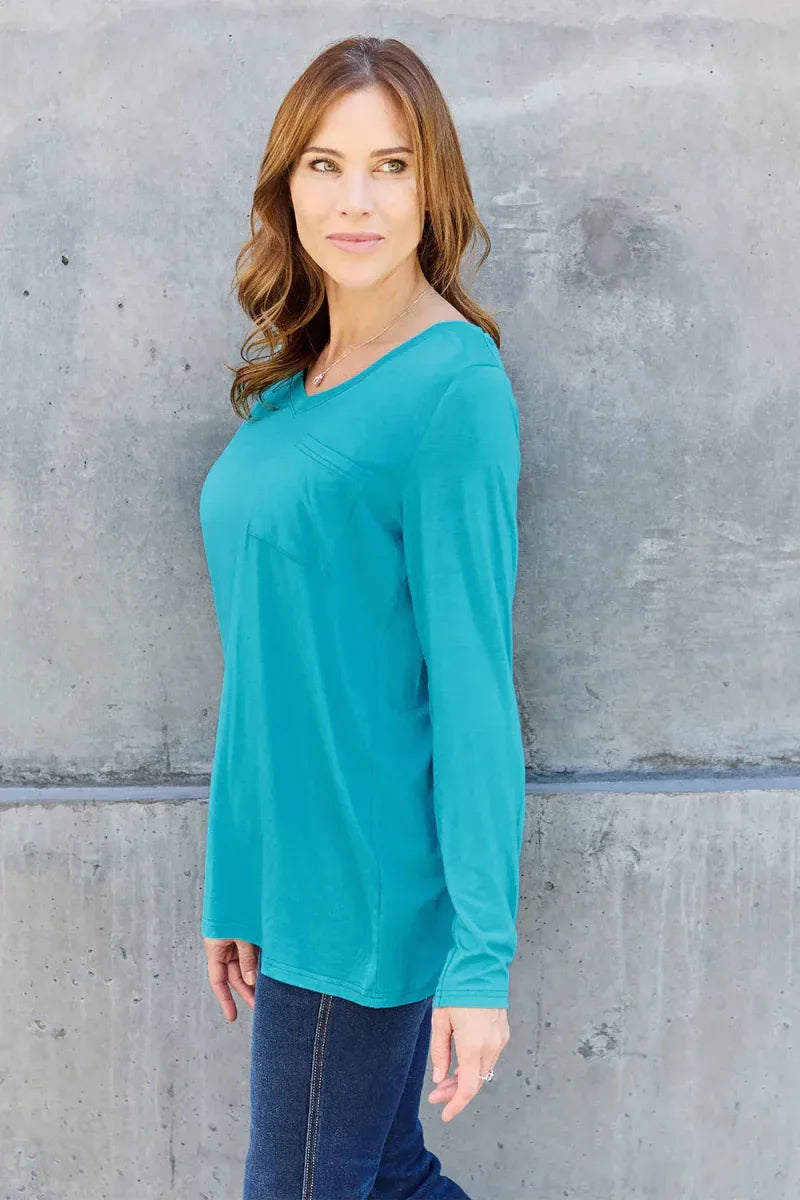 Basic Bae Full Size V-Neck Long Sleeve Top -- 