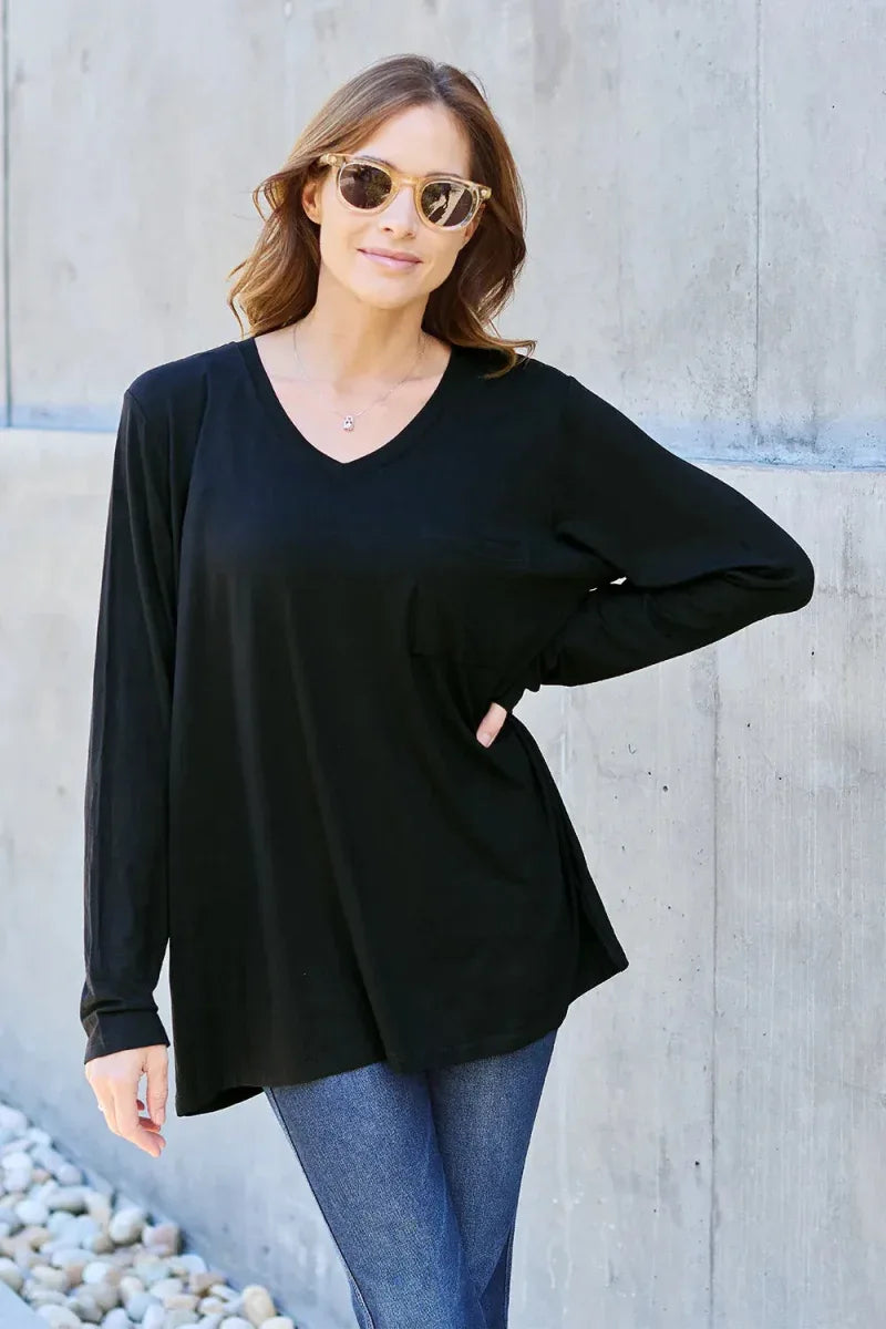 Basic Bae Full Size V-Neck Long Sleeve Top -- 