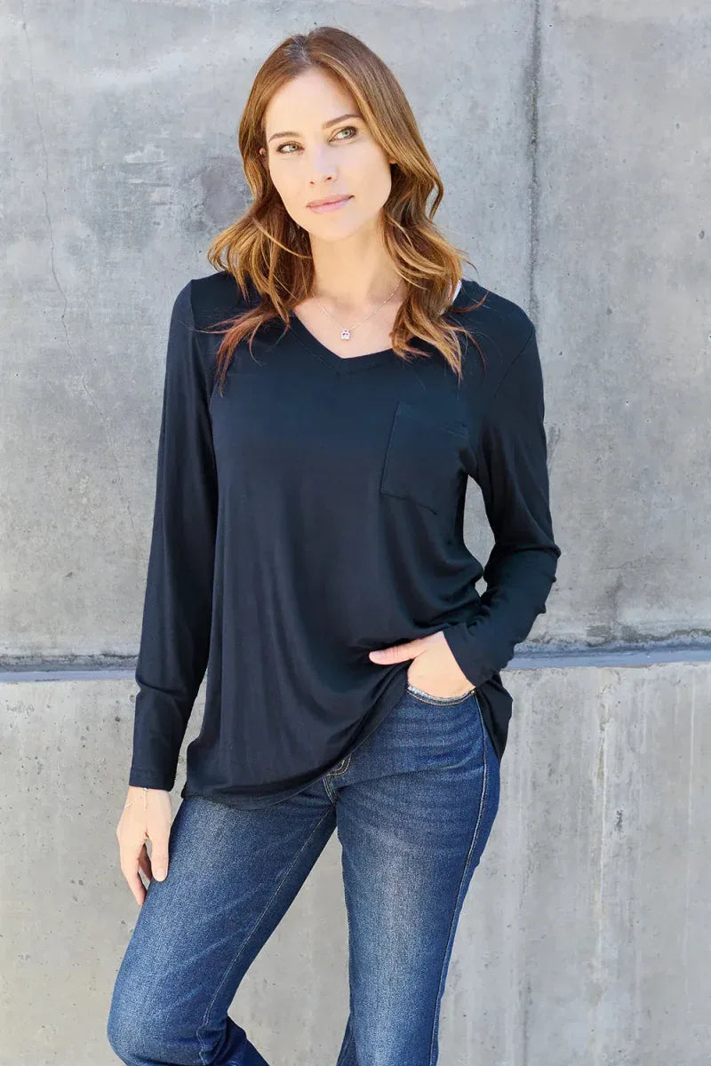 Basic Bae Full Size V-Neck Long Sleeve Top -- 