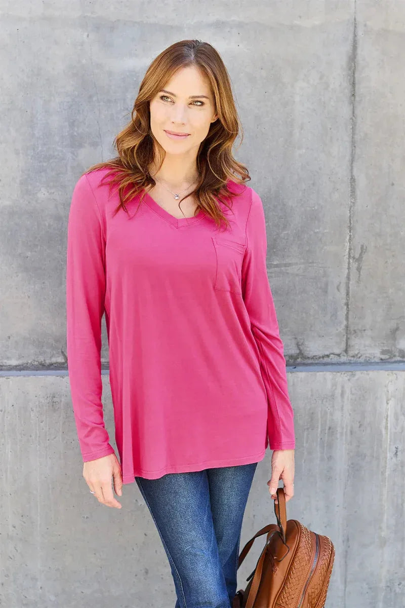 Basic Bae Full Size V-Neck Long Sleeve Top -- 