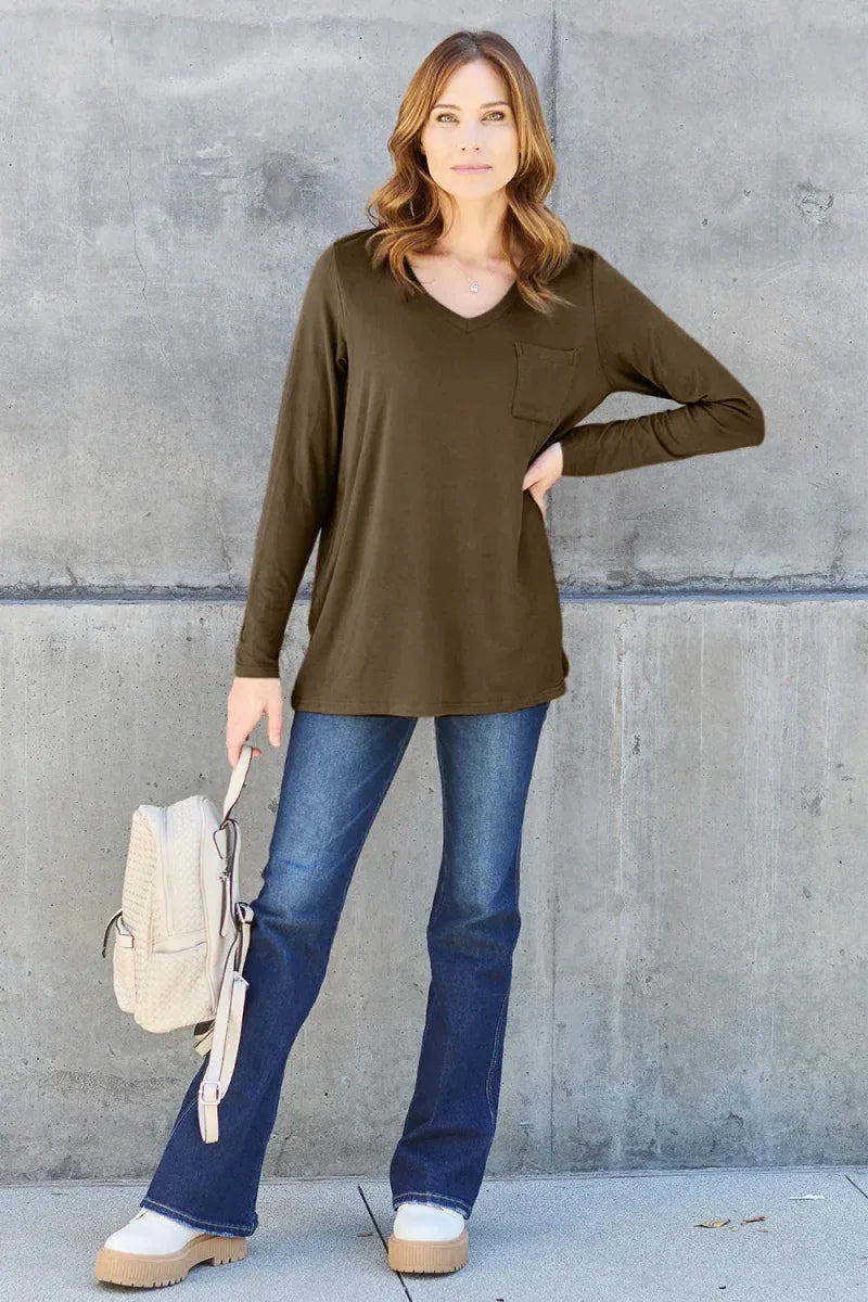 Basic Bae Full Size V-Neck Long Sleeve Top -- 