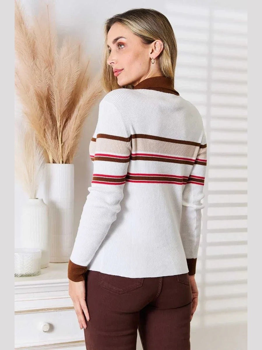 Basic Bae Striped Collared Neck Rib-Knit Top -- 