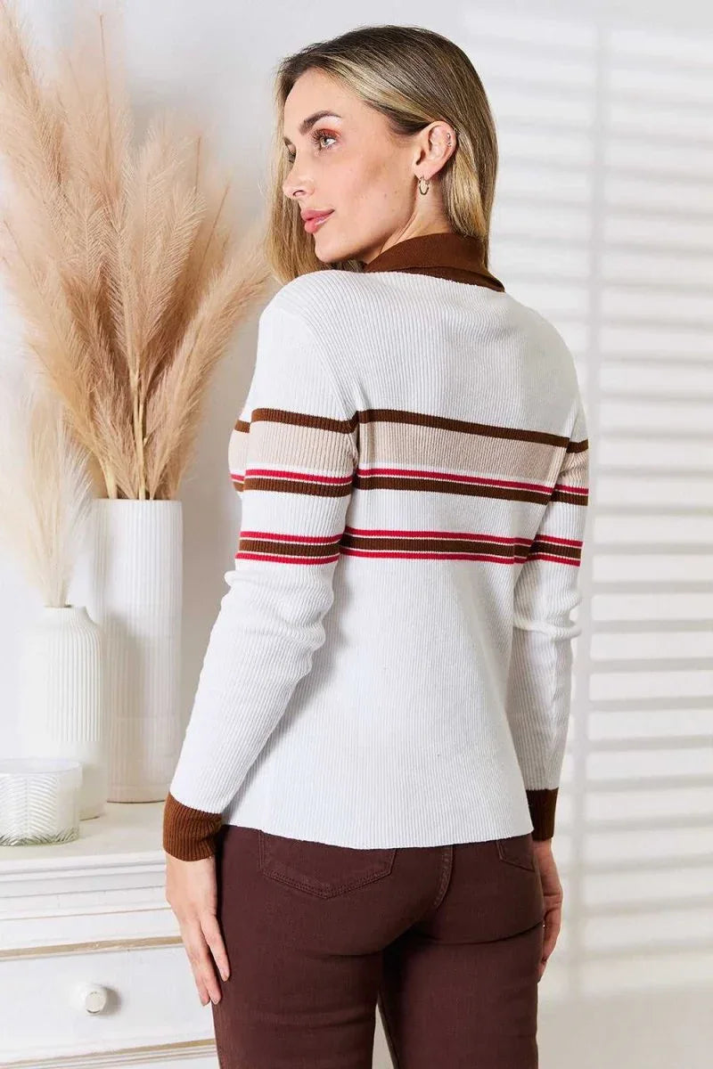 Basic Bae Striped Collared Neck Rib-Knit Top -- 