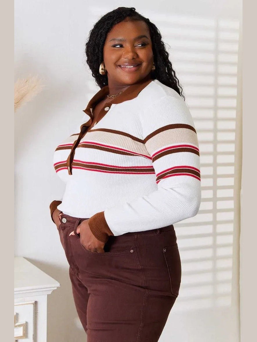 Basic Bae Striped Collared Neck Rib-Knit Top -- 
