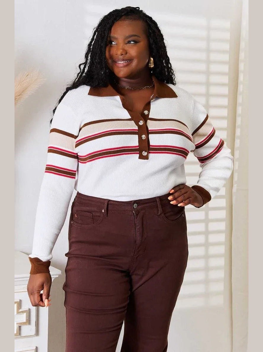 Basic Bae Striped Collared Neck Rib-Knit Top -- 