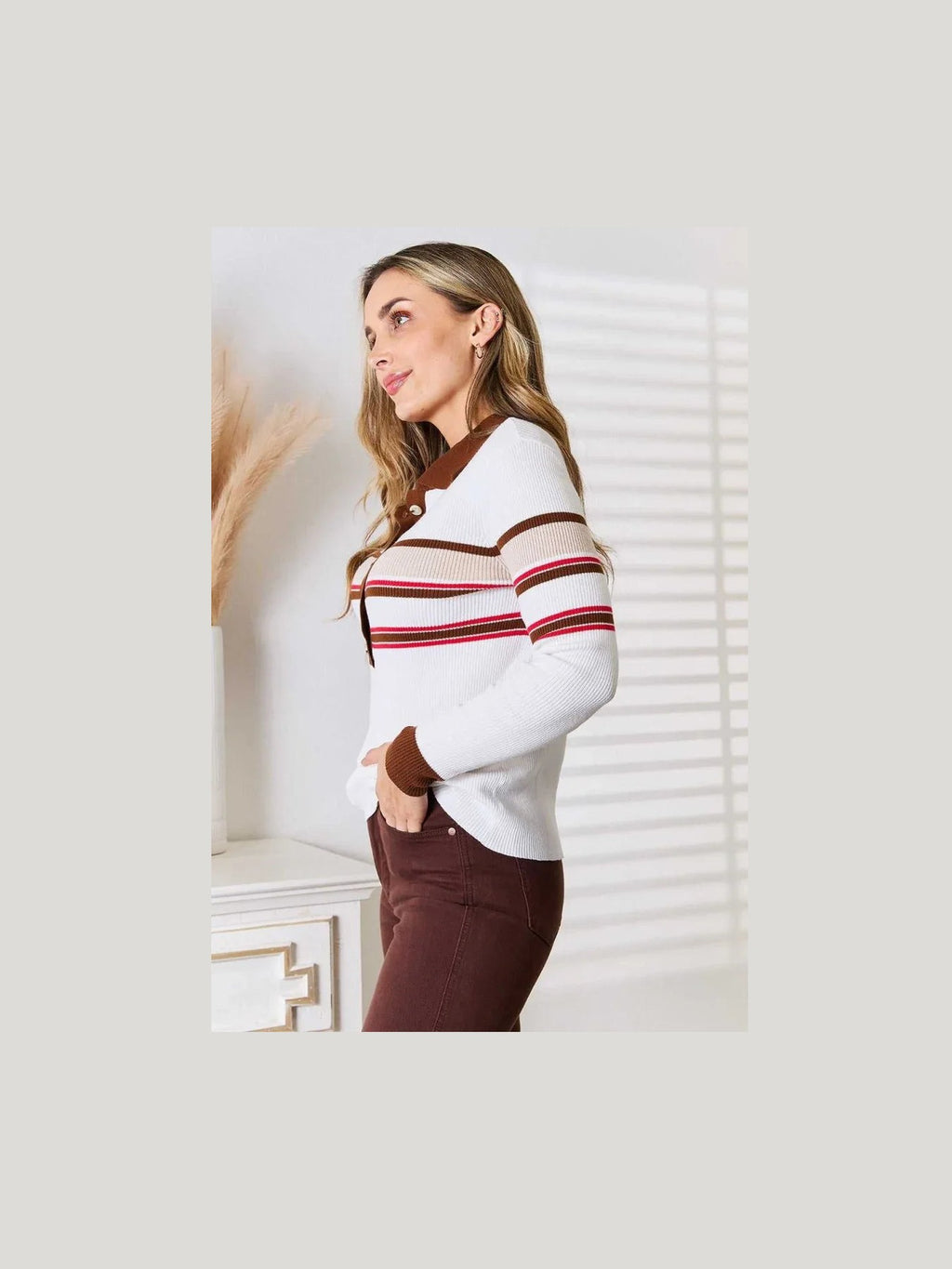 Basic Bae Striped Collared Neck Rib-Knit Top -- 