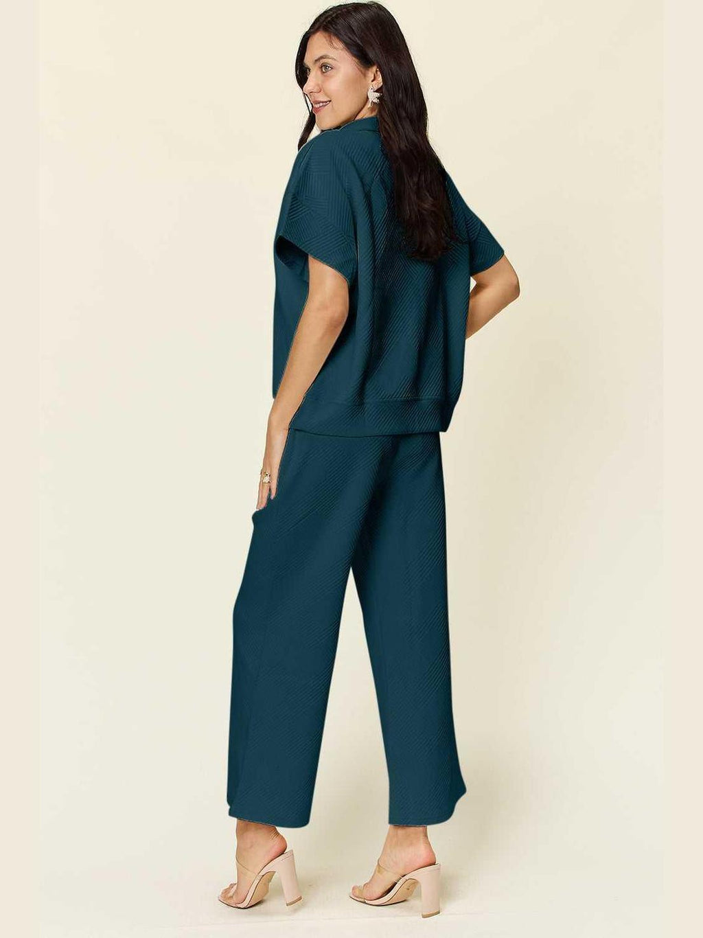 Double Take Full Size Texture Half Zip Short Sleeve Top and Pants Set -- 