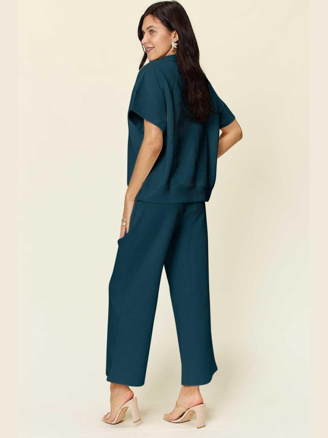 Double Take Full Size Texture Half Zip Short Sleeve Top and Pants Set -- 