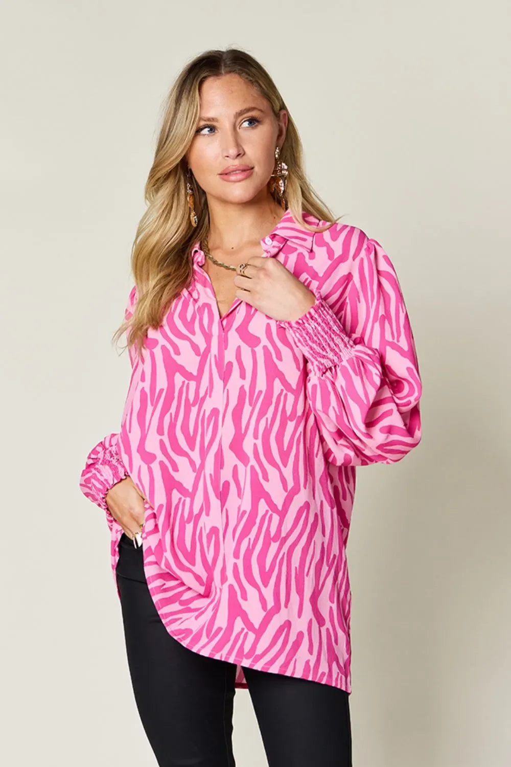 Double Take Full Size Printed Smocked Long Sleeve Blouse Plus Size -- 