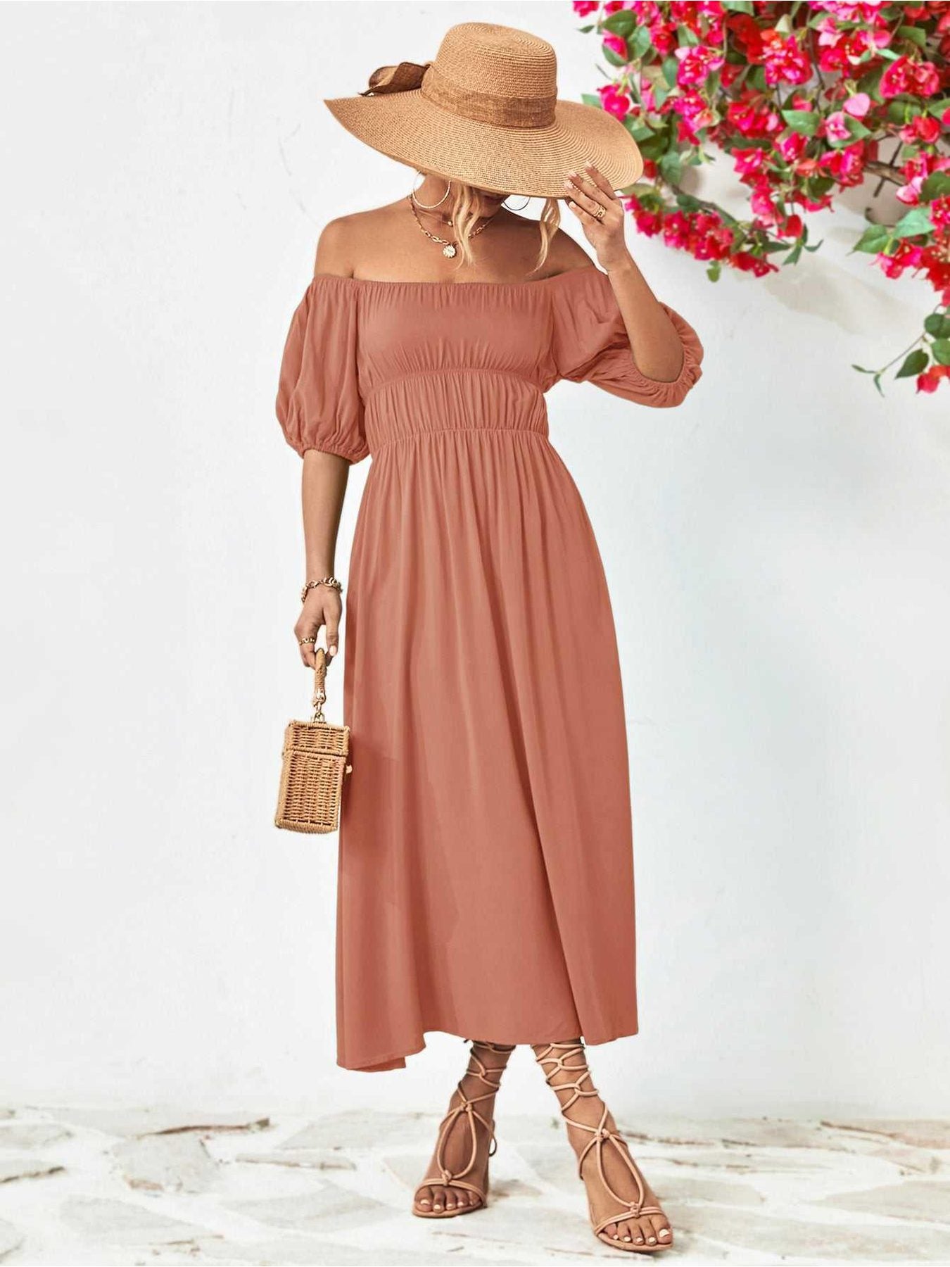 Off-Shoulder Balloon Sleeve Midi Dress -- 