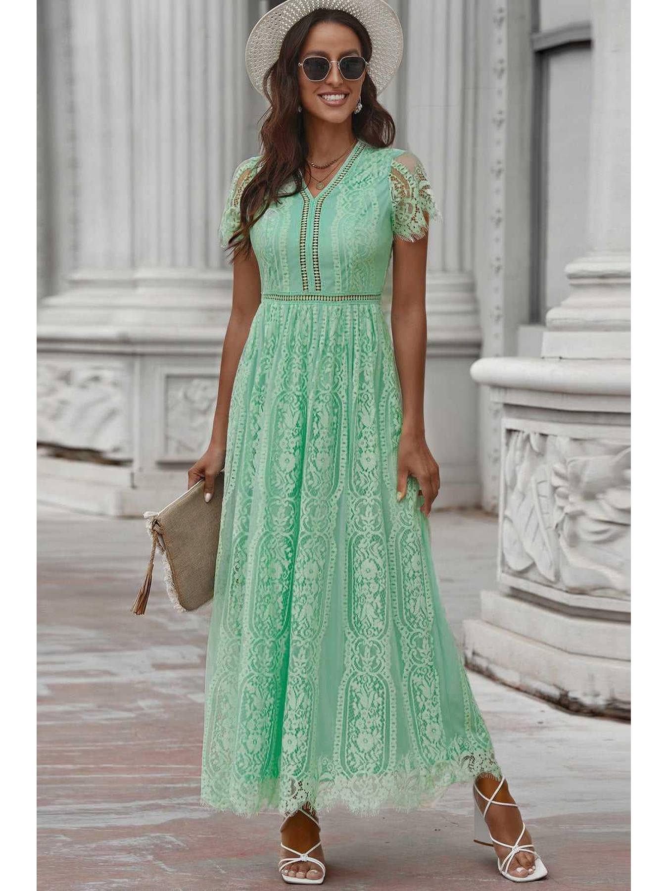 Scalloped Trim Lace Plunge Dress -- 