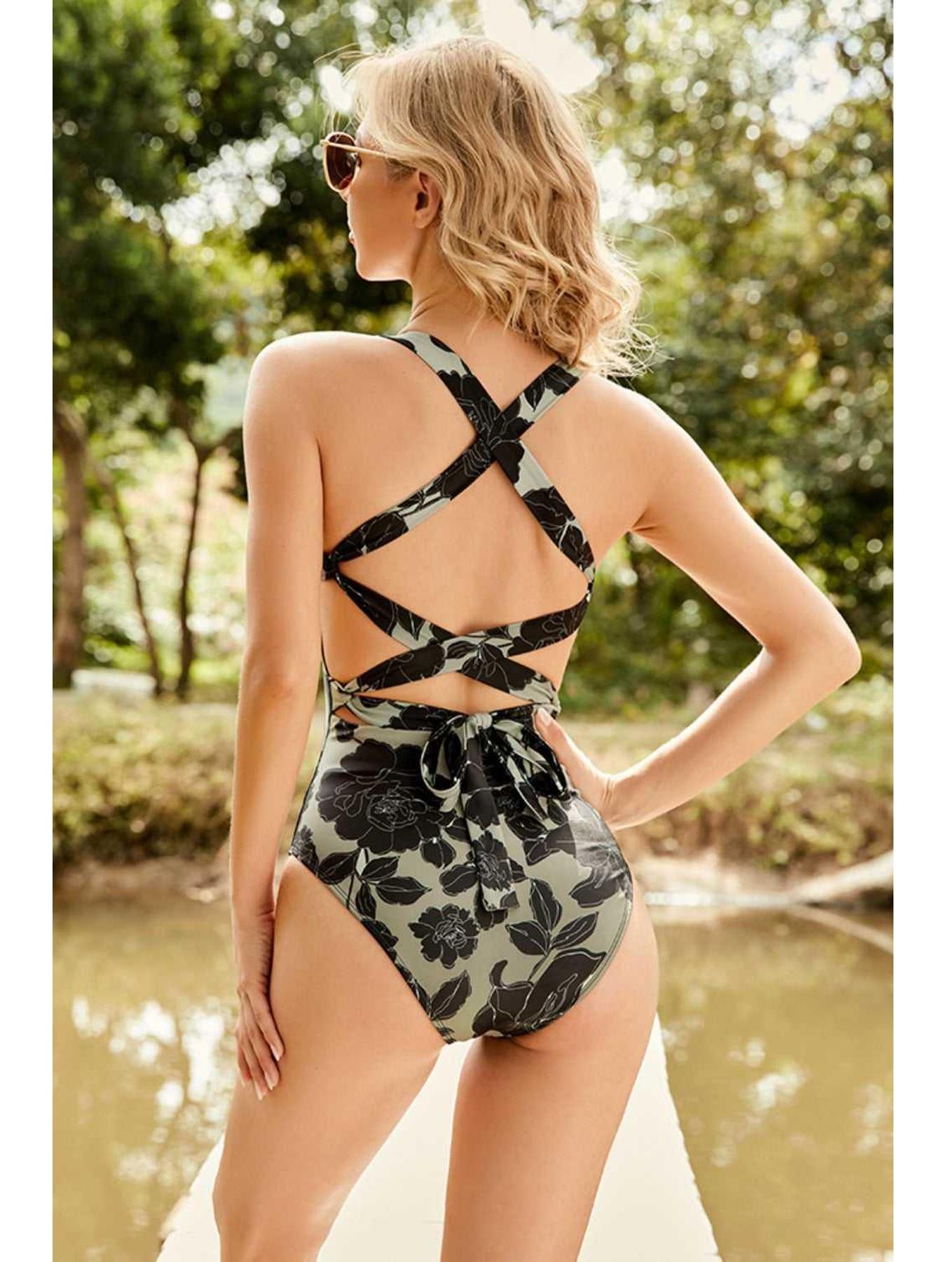 Crisscross Printed Scoop Neck One-Piece Swimwear -- 