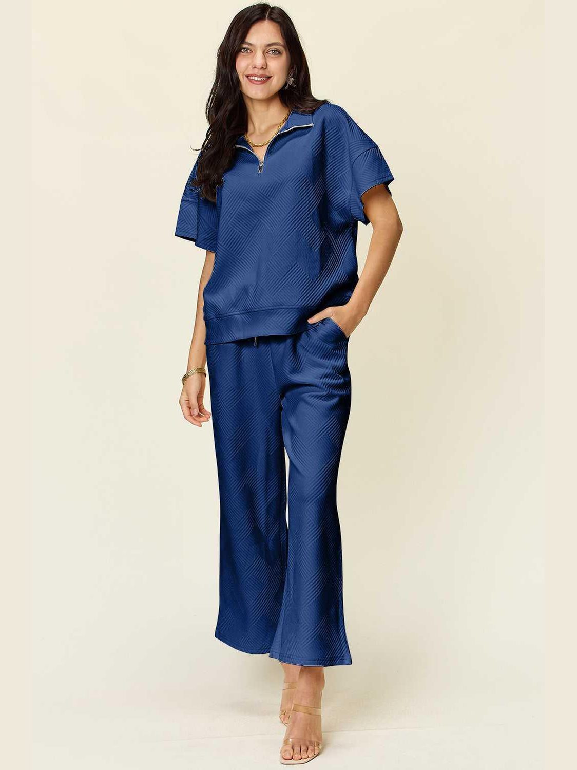 Double Take Full Size Texture Half Zip Short Sleeve Top and Pants Set -- 