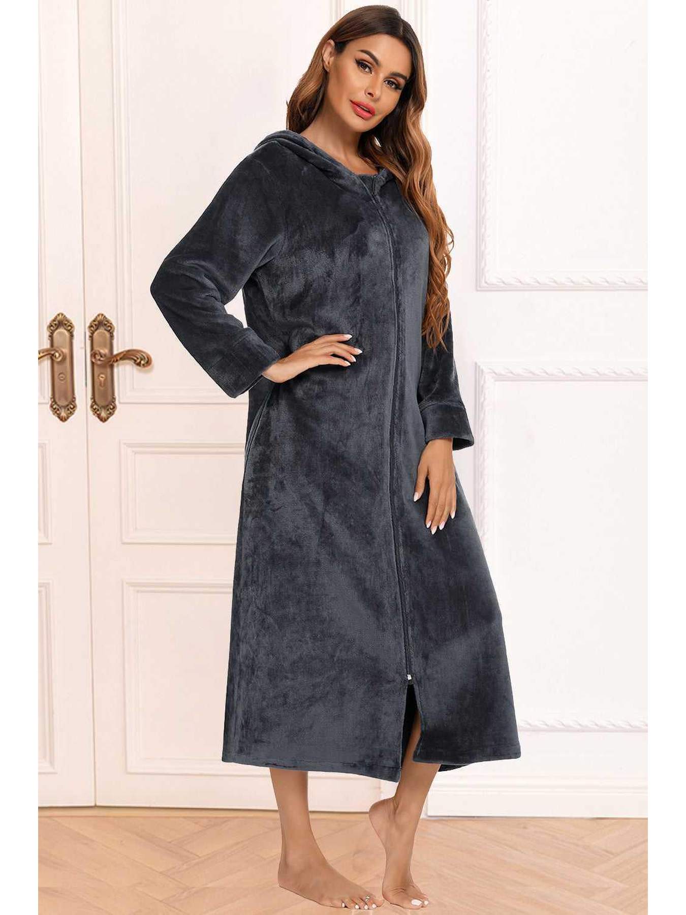 Zip Front Hooded Night Dress with Pockets -- 