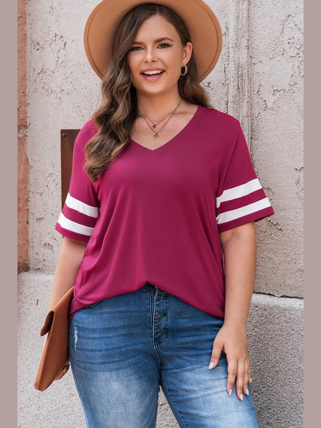 Plus Size Striped V-Neck Tee Shirt -- 