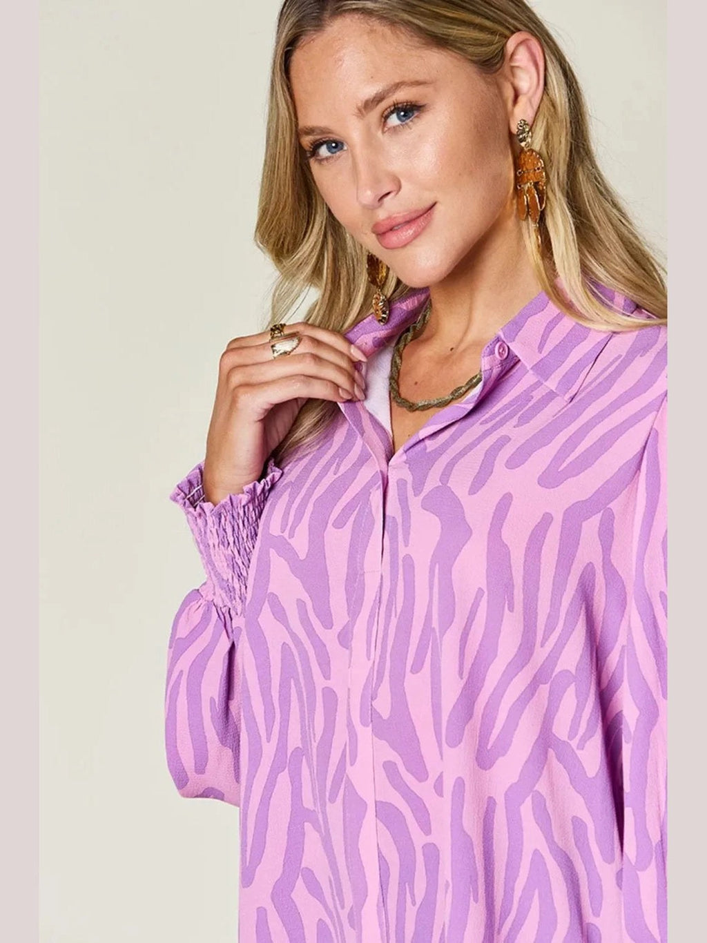 Double Take Full Size Printed Smocked Long Sleeve Blouse Plus Size -- 