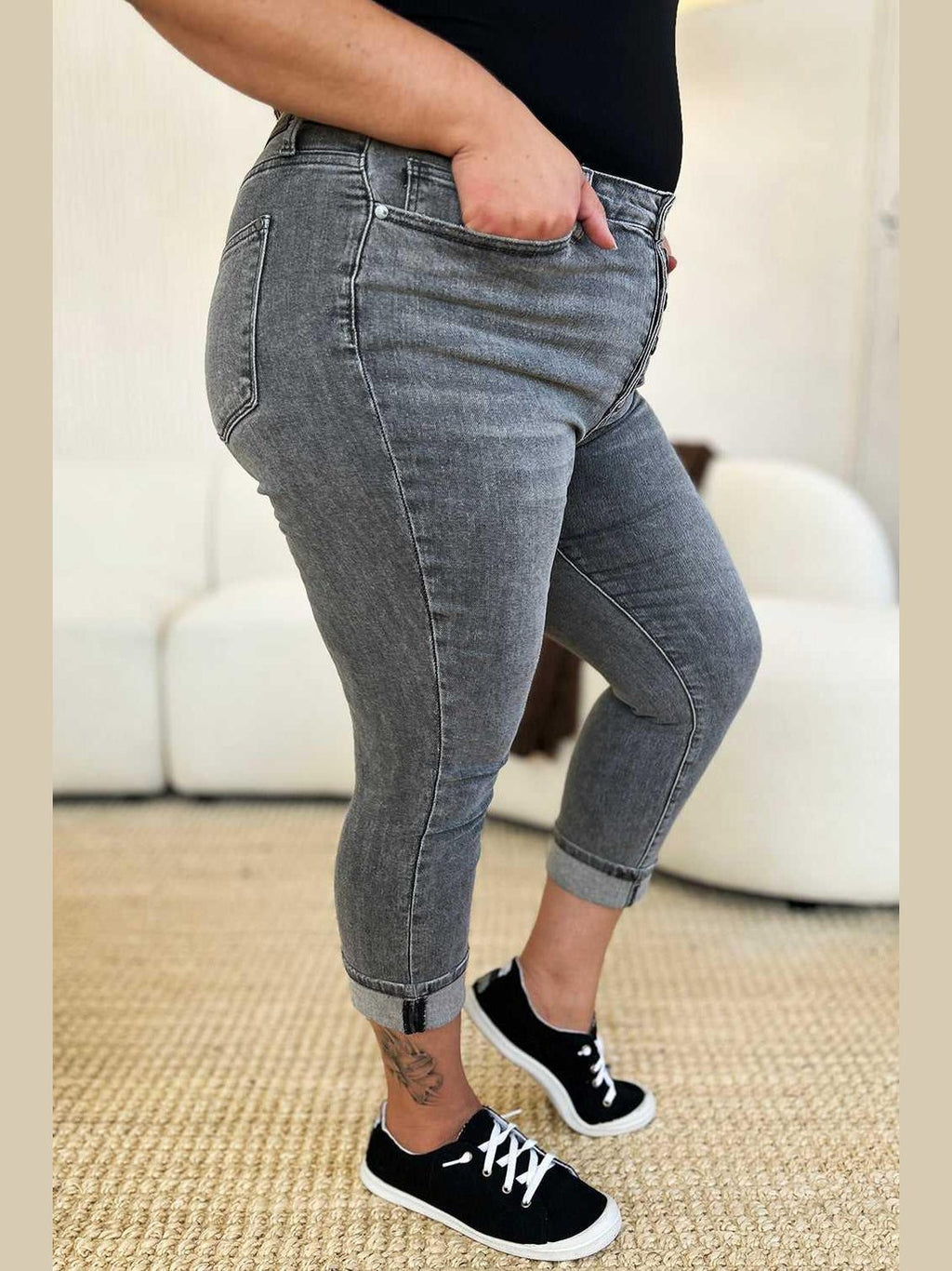 Judy Blue Full Size Button Fly High Waist Cuffed Capris -- 