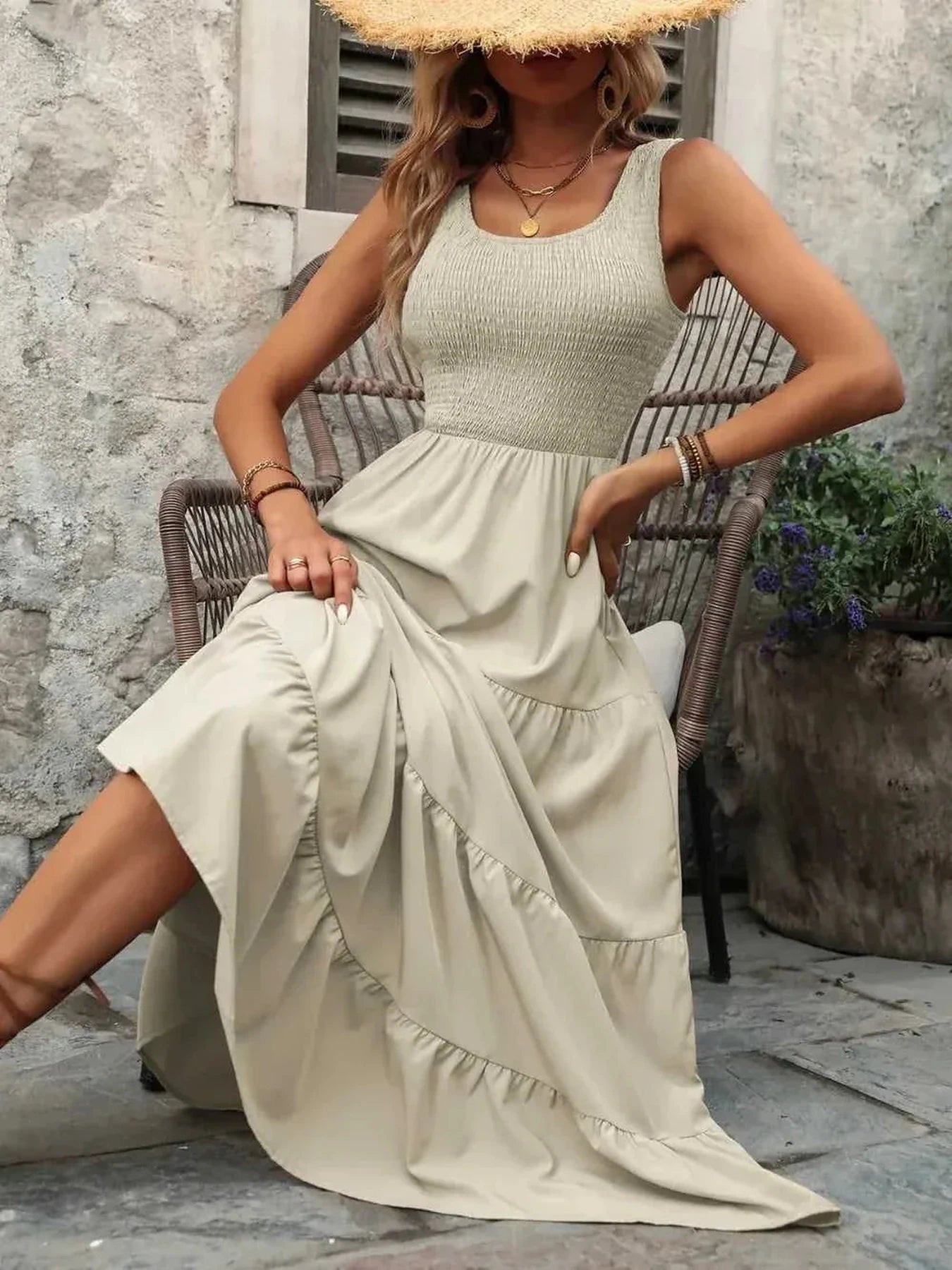 Ivy Lane Smocked Scoop Neck Sleeveless Tank Dress -- 