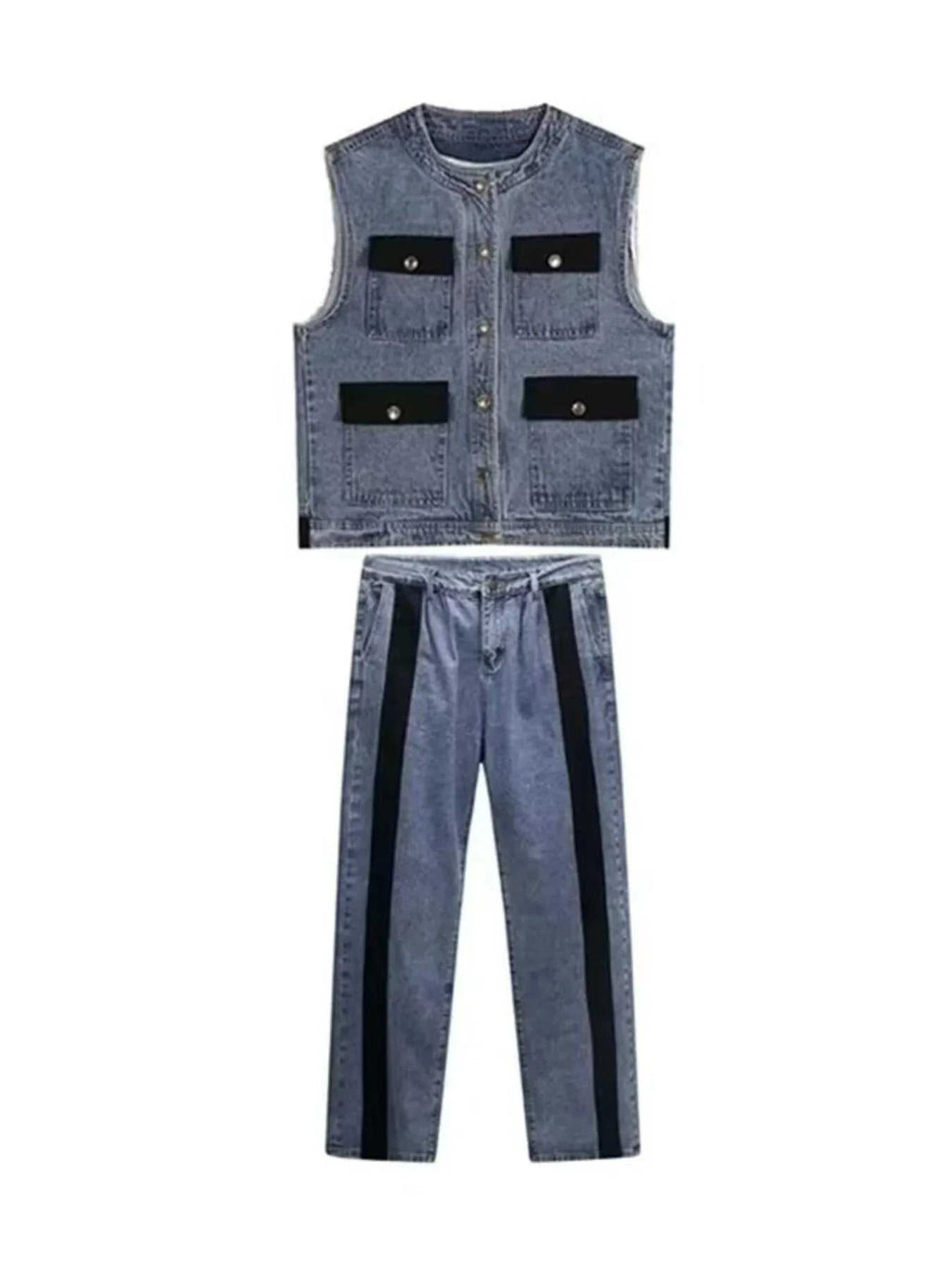 Men's Plus Size Button Up Vest and Pants Denim Set
