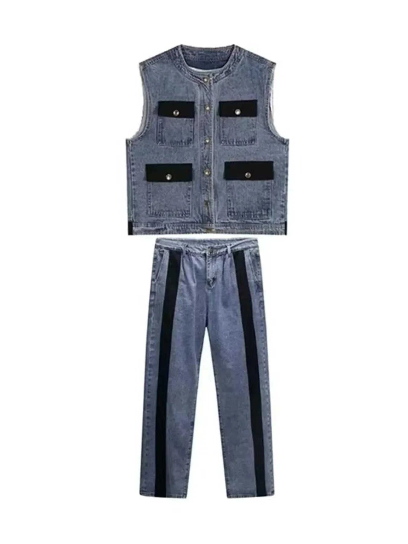 Men's Plus Size Button Up Vest and Pants Denim Set