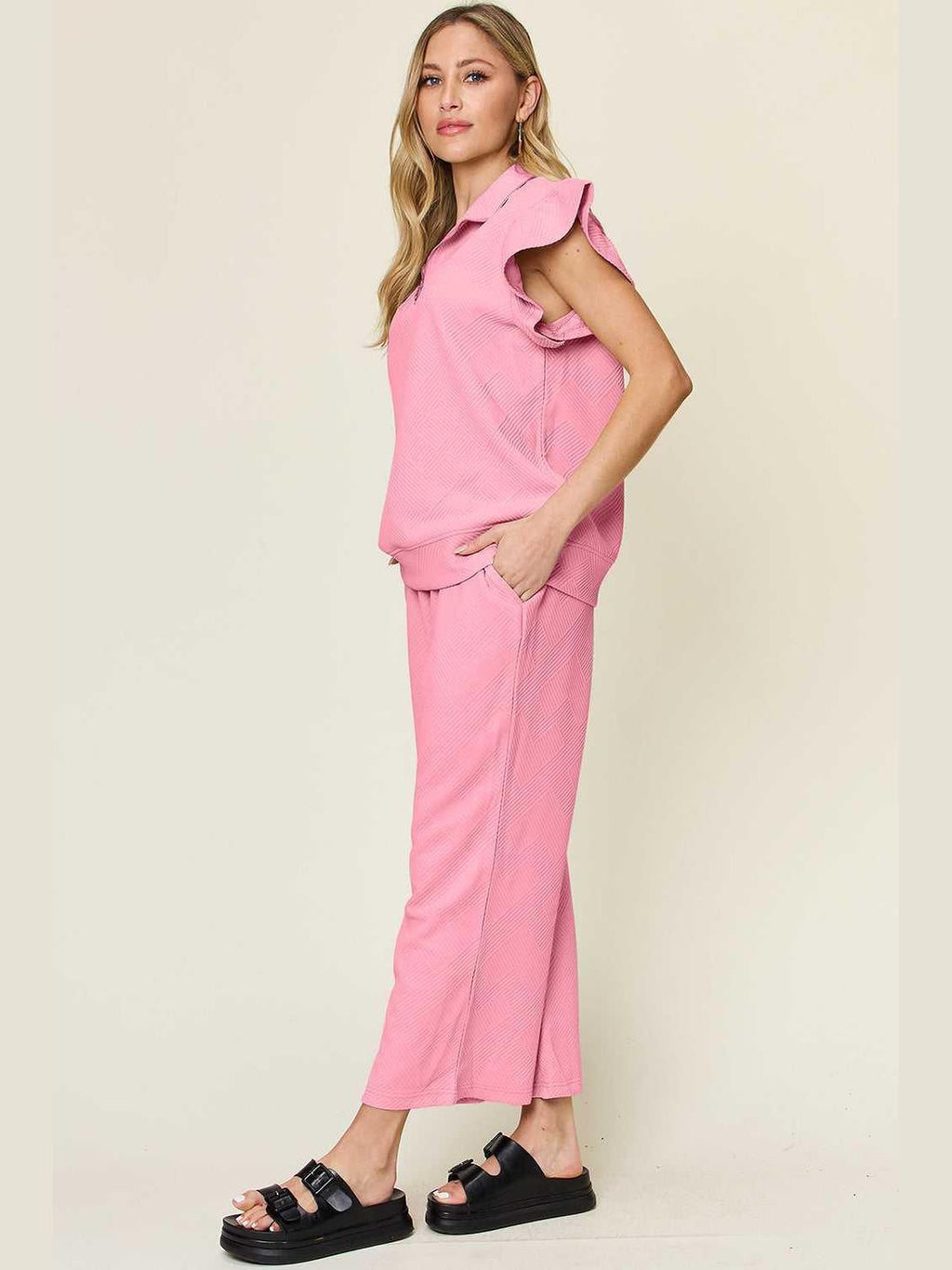 Ruffle Short Sleeve Top and Drawstring Wide Leg Pants Set -- 