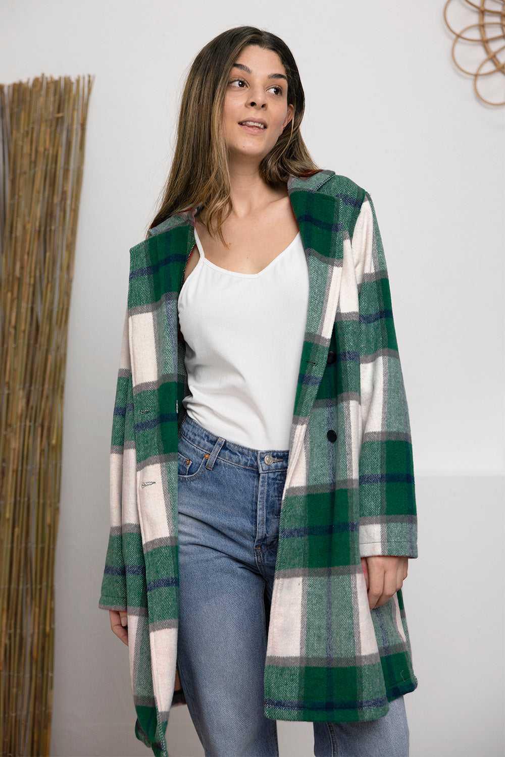 Double Take Full Size Plaid Button Up Lapel Collar Coat -- 