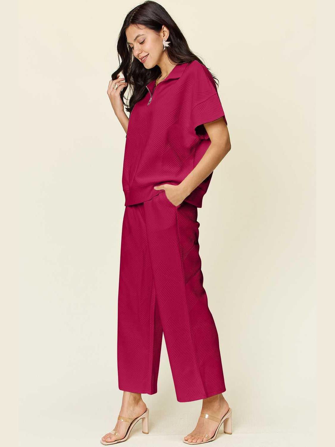 Double Take Full Size Texture Half Zip Short Sleeve Top and Pants Set -- 