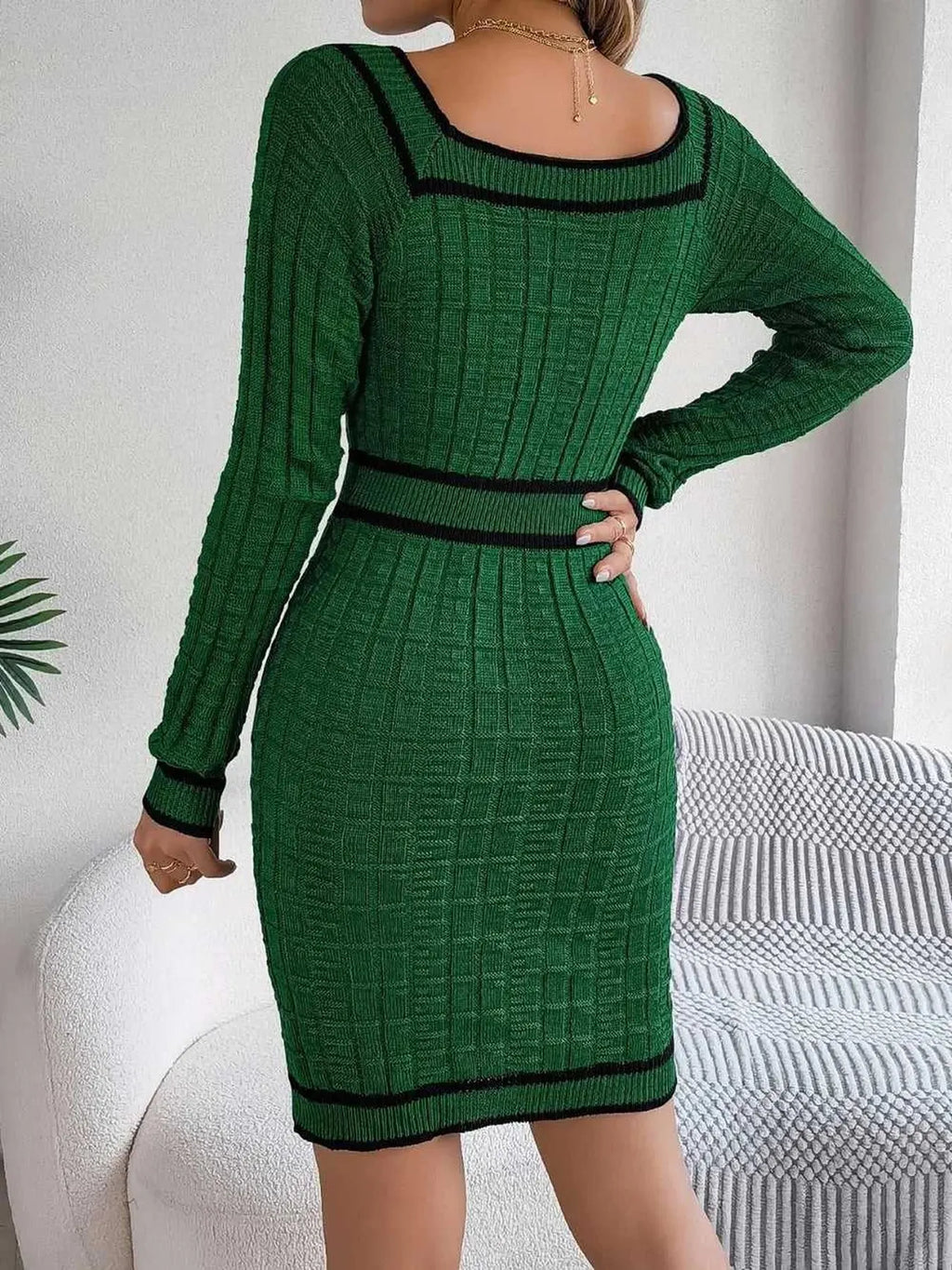 Contrast Trim Long Sleeve Sweater Dress -- 