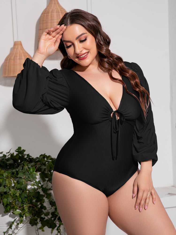 Plus Size Tied Deep V Balloon Sleeve One-Piece Swimsuit -- 