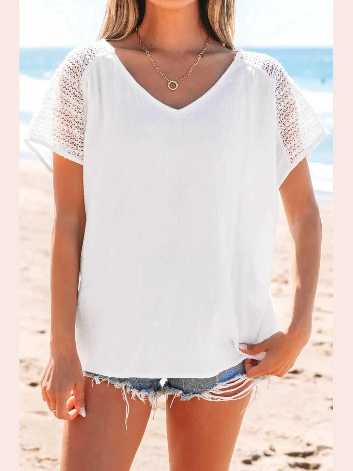 Lace Crochet Textured Button Back V Neck T Shirt -- 