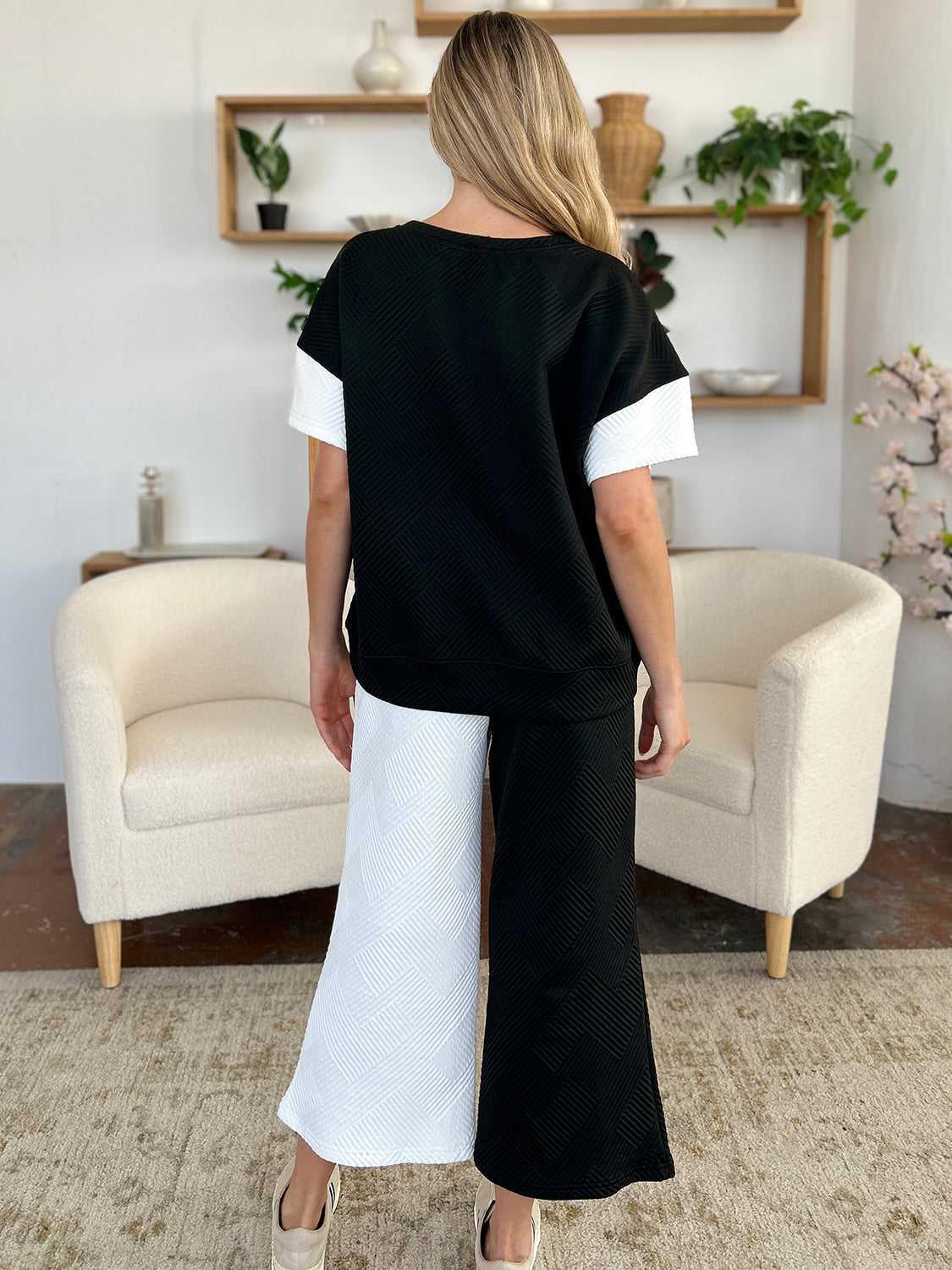 Double Take Full Size Texture Contrast T-Shirt and Wide Leg Pants Set -- 