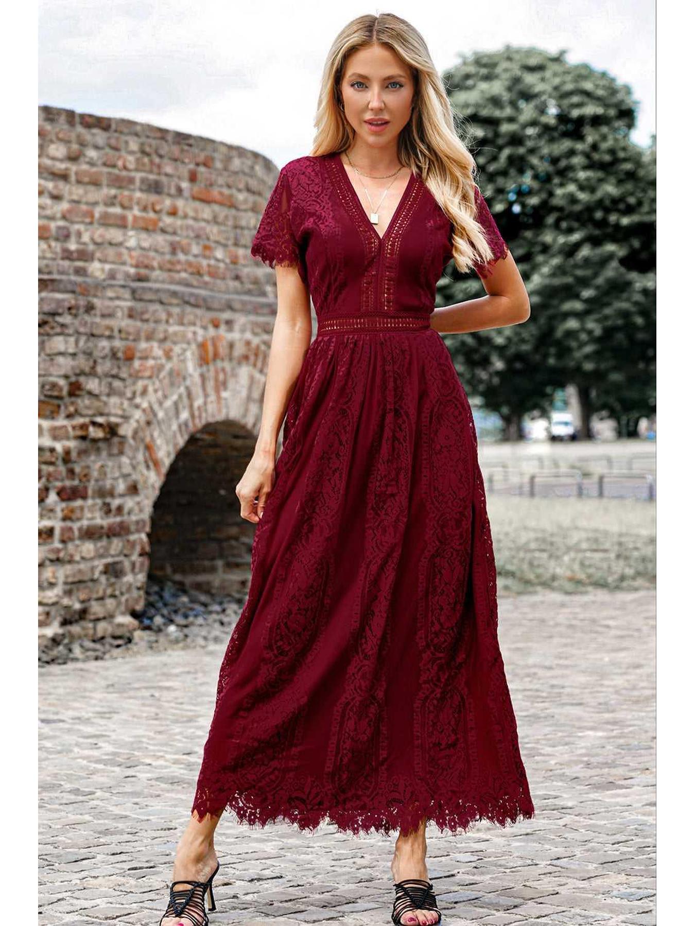 Scalloped Trim Lace Plunge Dress -- 